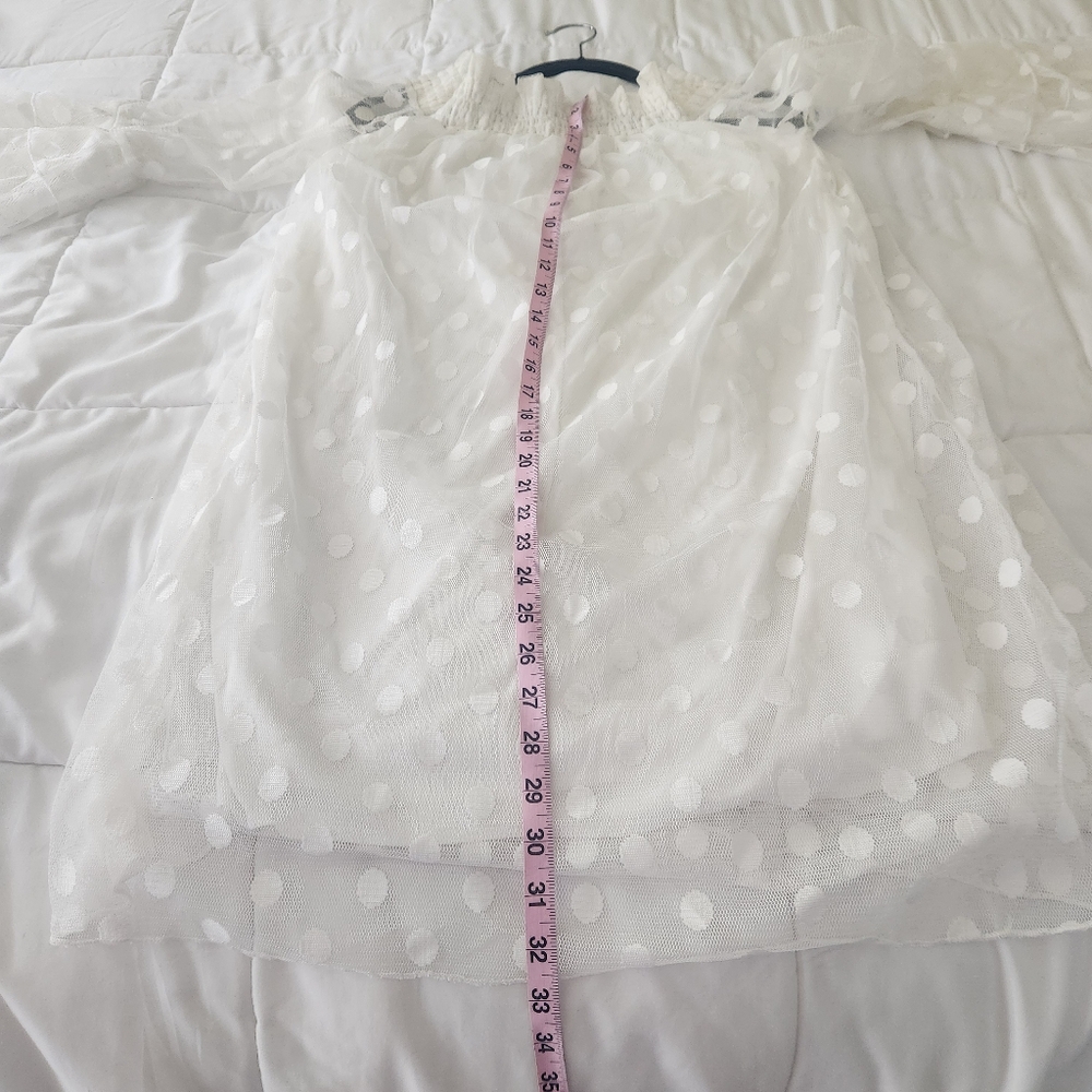 White polka dot bell sleeve dress. Stretchy collar that can be worn off shoulder - Picture 2 of 11